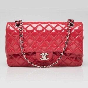 Chanel Pink Quilted Patent Leather Classic Medium Double Flap Bag